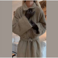 Camel Lapel Collar Coat Women Maxi Brushed Fuzzy Wool Self Tie Belt Waist Cinched Jacket Oversized Chic Autumn Winter Outerwear