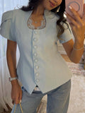 Solid Loose Spliced Lace Shirts for Women Square Collar Short Sleeve Korean Design Shirt Female Summer Fashion New