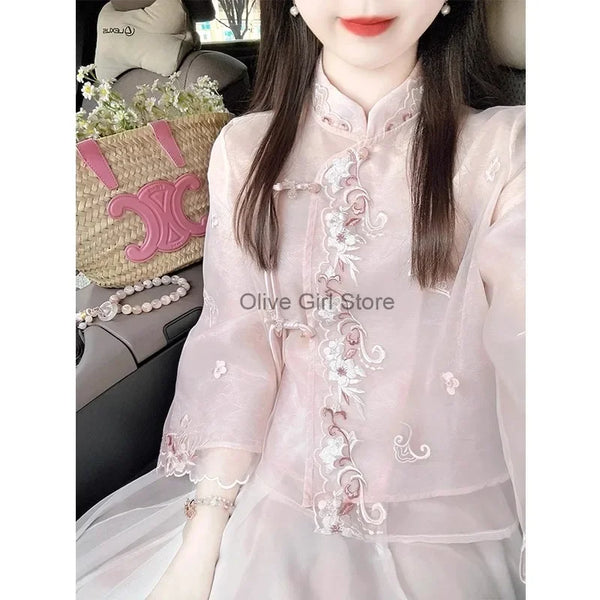 Olive Girl Red Embroidered Jacquard Set for Ren Faire 2026 Garden Wedding Fairycore Photoshoot Everyday Wear Jacquard S-XL XS-3XL Plus Size Hand Embroidered Romantic Cottagecore Garden Party Editorial Not Costume Chinese Heritage Fashion Women