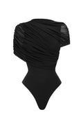 Ladies Bodycon Mesh Ruched Romper Asymmetric Draped Shoulder Mock Neck Short Jumpsuit Slim Fit Wrap Hem Cocktail And Clubwear