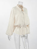 Apricot Jacquard Drawstring for Women Jackets Lapel Bubble Long Sleeve Peplum Hem Zip Up Jacket for Summer Casual
