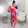 Elegant Women Pleated Half Lantern Sleeve O-neck Slim Maxi Long Dress Print Fashion Autumn 2024 Ruched Dresses Vestidos