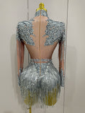 Women Sparkly Rhinestone Sequin Tassel Stretch Bodysuits 2025 New Arrival Birthday Party Nightclub Dj Stage Performance Costume