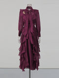Solid Spliced Ruffles Folds Fashion Dresses for Women Tie a bow collar Long Sleeves High Waist Lace Up Maxi Dress Female