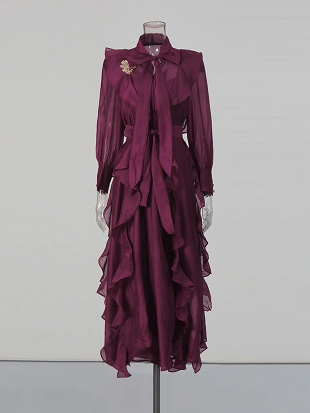 Solid Spliced Ruffles Folds Fashion Dresses for Women Tie a bow collar Long Sleeves High Waist Lace Up Maxi Dress Female