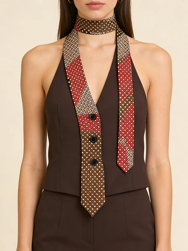 Dark Brown Halter Top with Patterned Tie Detail Female Retro Chic Sleeveless Slimming Vest for Luxury Afternoon Tea