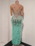 Sexy Sleeveless Mesh Ruffled See Through Long Dress Sparkly Rhinestone Eveing Birthday Party Nightclub Bar Singer Stage Costume