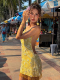 Beaded Tassel Dress Women Sequin 3d Flower See Through Backless Sleeveless Sexy Beach Party Midnight Mini Bodycon