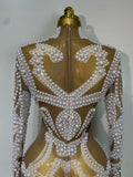 High Quality Women Sexy Rhinestone Pearl Mesh Transparent Dress Birthday Celebrate Dress Evening Party Dance Performance Costume