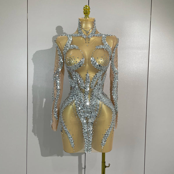 Sparkly Rhinestones Sexy Mesh Transparent Mini Dress Eveing Birthday Party Dance Nightclub Fashion Show Stage Costumes
