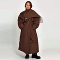 Detachable Triangle Shawl Long Puffer Coat Stand Collar Waist Tie Belt Button Solid Loose Women Coats 2026 Winter Commute Outfit