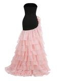 Women'S Sexy Strapless Bandage Slim Long Dress With Floral Decoration Layered Ruffle Edge Patchwork Dress Wedding Party