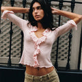 Ruffled Knit Casual Pullover Women's Bow Lace Up V-Neck Solid Slim Commuter T-Shirt Summer New Female Party Vacation Top