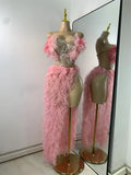 Women Sexy Strapless Ruffles Two Pieces Set High Slit Long Dress New Trendy Fashion Nightclub Party Birthday Outfit Stage Wear