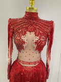 Sparkly Rhinestone Sequin Tassel Stretch Bodysuits 2025 New Arrival Women Birthday Party Nightclub Dj Stage Performance Costume