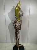 2026 New Sparkly Rhinestones Chains Leopard Print Bikini Top Pants Two Pieces Set Women Sexy Party Birthday Nightclub Stage Wear