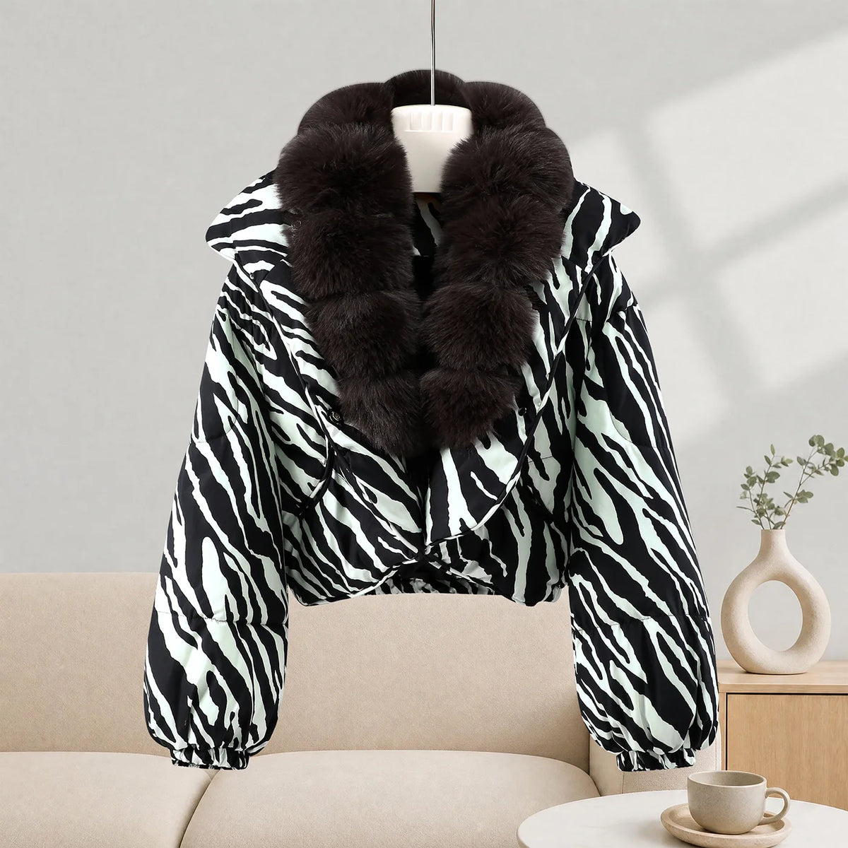 Zebra Print  Fur Collar Puffer Jacket Womens Button Down Trendy Warm Coat Fall Winter Party Club Streetwear Cozy Daily Outerwear