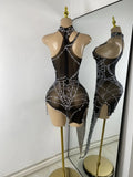 Sparkly Rhinestone Shining Women Sexy Bodycon See Through Irregular Hem Mini Dress Birthday Party Performance Costume