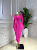 Women Long Sleeve Bowknot Deep V-neck Bodycon Midi Maxi Dress 2026 Birthday Holiday Party Trendy Long Dresses Vestidos