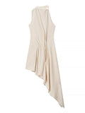 Solid Loose Spliced Folds Chic Dress for Women O Neck Sleeveless Irregular Luxury Dresses Female Summer Fashion New