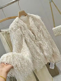 Original High-quality 2026 New Women's Round-neck Button-down Feather Decoration Metal Thread Long-sleeved Coat