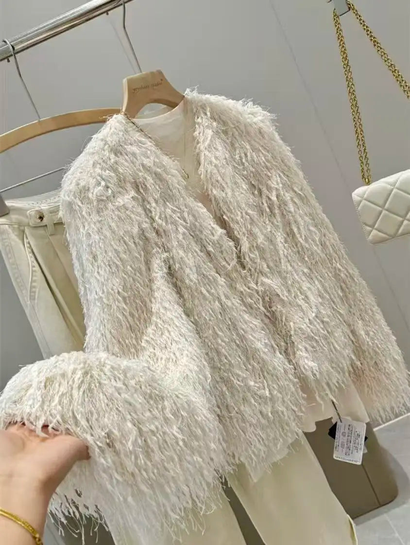 Original High-quality 2026 New Women's Round-neck Button-down Feather Decoration Metal Thread Long-sleeved Coat