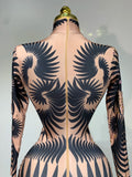 Sexy Long Sleeves Print Rhinestone Jumpsuits Drag Queen Show Stage Performance Costume Women Evening Party Nightclub Rompers