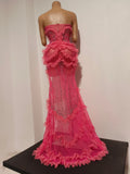 Women Strapless Mesh Ruffled Slit Long Dress Sparkly Diamond Birthday Evening Party PhotoShoot See Through Nightclub Stage Wear