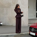 Solid Office Suit for Women Deep V Neck Long Sleeve Spliced Single Button Blazer Wide Trousers Two Piece Set Female