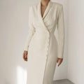 Minimalist Office Dress for Women Notched Colalr Long Sleeve High Waist Slimming Split Design Solid Dresses Female