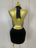 Sexy Sparkly Rhinestones Halter Backless Mesh Velour Short Dress Women Evening Prom Celebrate Birthday Party Stage Wear