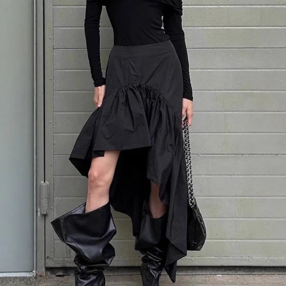 Commuting Black Ruffled Skirt For Women Asymmetric High Waist A-line Skirt Fashion Splice Female Casual Skirt Streetwear