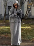 Grey Double-Breasted Long Coat with Notched Lapels