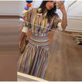 Boho Colorful Stripe Midi Skirt Set Turn Down Collar Single Breasted Long Sleeve Shirt Fitted Waist Flowy Women Skirts Outfits
