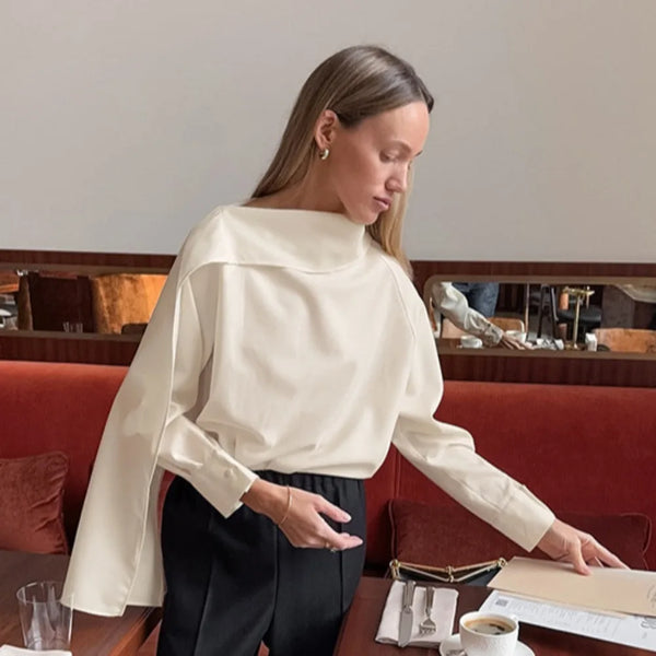 French Elegant Solid Blouse for Women Irregular Neck Patchwork Ribbon Long Sleeve Minimalist Shirt Female Spring