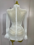 Elegant White High Collar Long Sleeve Solid Mesh Sexy See Through Ruffle Mini Dress Women Evening Club Party Birthday Dresses