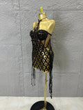 Sexy Crystal Mesh Halter Mini Dress Women Sheer Sequin Embellished Bodycon Outfit Birthday Party Nightclub Performance Costume
