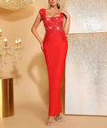 Women Red 3D Floral Beading Pearl Sexy Sleeveless Bodycon Long Bandage Dress Elegant Club Party Birthday Wedding Prom Wear