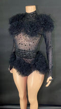 Women's Casual Summer Bodysuit Transparent Rhinestones Sexy Tight Mesh Ruffles Performance Dancer/Singer Costume for Nightclub