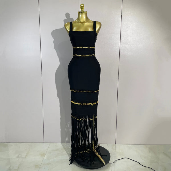 Elegant Black Sexy Square Collar Tassel Sleeveless Bodycon Bandage Dress Women Celebrity Evening Party Prom Birthday Dresses