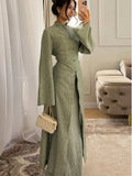 Chic Oriental Slim Long Dress Set Women Casual Stand Collar Full Sleeve Knot Button Slit Hem Suit Spring Lady Street Wears New