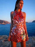Women Orange Sequin Mini Dress Starfish Fish Applique Sheer Backless Halter Mesh Short Dress Lady Beach Party Vacation Vestidos