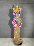 3D Floral Rhinestone Halter Maxi Bodysuit Dress Women Deep V Mesh See-Through Long Gown Carnival Rave Festival Performance Costume
