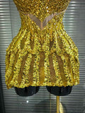 Luxury Sparkly Sequins Diamonds Mesh Gold Short Skirt Birthday Dress Women Sexy Dance Performance Costume Singer Stage Outfit