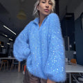 Fuzzy Sequin Zipper Women Cardigan Stand Collar Long Sleeve Loose Knitted Jacket Oversized Sequined Furry Knit Casual Winter Top