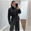 Women Stand Collar Knitted Two Piece Set Belted Long Sleeve Sweater Top Wide Leg Pants 2026 Autumn Winter Casual Knit Outfit