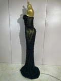 Sexy Sparkly Diamonds Black Strapless Mesh See Through Long Dress Evening Party Birthday Nightclub Photo Shoot Stage Costumes