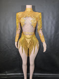 Sexy Skinny Leotard Singer Dancer Show StageWear Sparkly Blue Rhinestones Women DanceCostume Fringes One Shoulder Bodysuit  7G