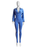 Washed Distressed Jumpsuit Women Ribbed V-Neck Solid SKinny Long Sleeve Fall Casual Trend Simple Activity Streetwear