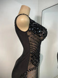 Luxury Rhinestones Mesh Short Dress Women Sexy Transparent Performance Stage Costume Black V Neck Nightclub Birthday Clothes